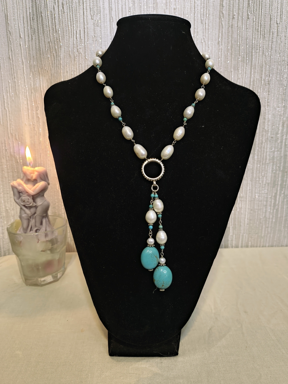 Sally C Treasures Sterling Silver Pearl Turquoise Lariat Y-Necklace 925